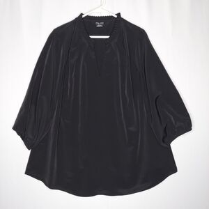 City Chic Top 18 Women Black Vneck 3/4 Puffed Sleeve Pleated Collar Elastic